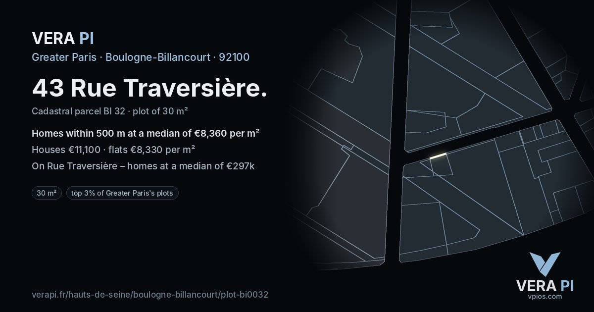 43 Rue Traversière, Boulogne-Billancourt at night – the plot lit, the parcels around coloured by the prices near them