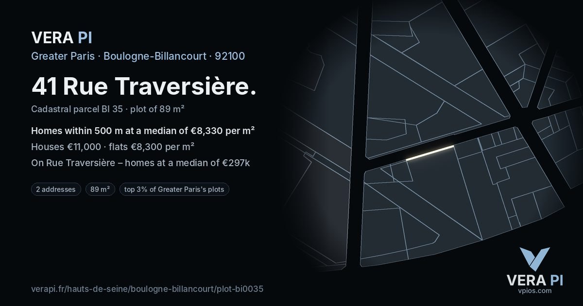 41 Rue Traversière, Boulogne-Billancourt at night – the plot lit, the parcels around coloured by the prices near them