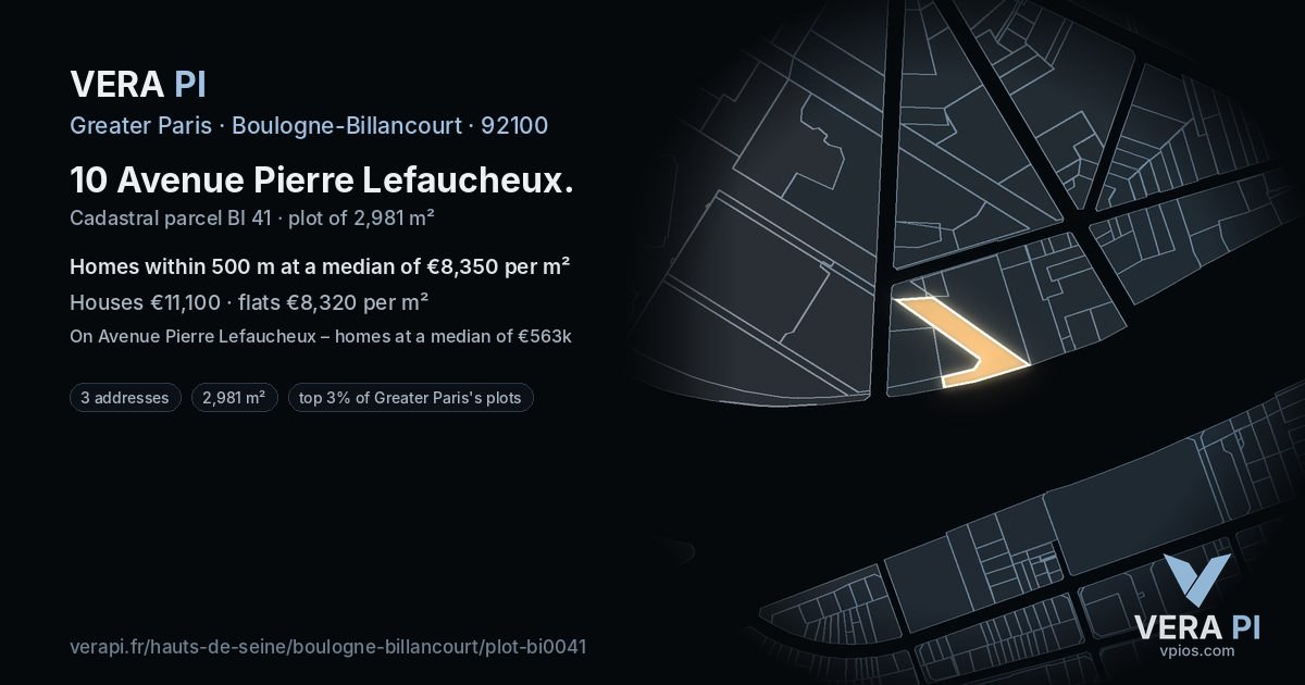 10 Avenue Pierre Lefaucheux, Boulogne-Billancourt at night – the plot lit, the parcels around coloured by the prices near them