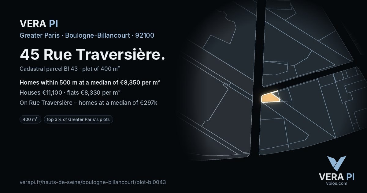 45 Rue Traversière, Boulogne-Billancourt at night – the plot lit, the parcels around coloured by the prices near them