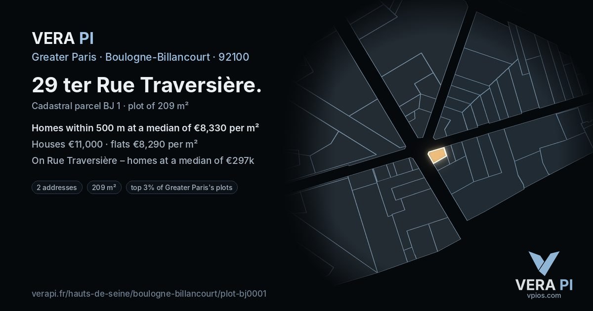 29 ter Rue Traversière, Boulogne-Billancourt at night – the plot lit, the parcels around coloured by the prices near them