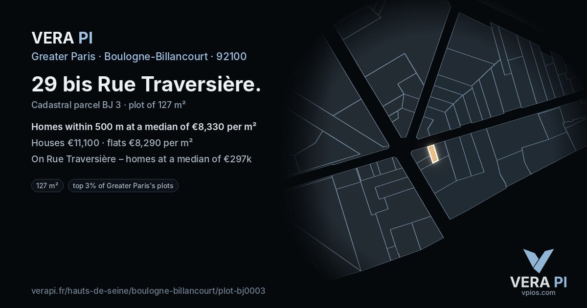 29 bis Rue Traversière, Boulogne-Billancourt at night – the plot lit, the parcels around coloured by the prices near them