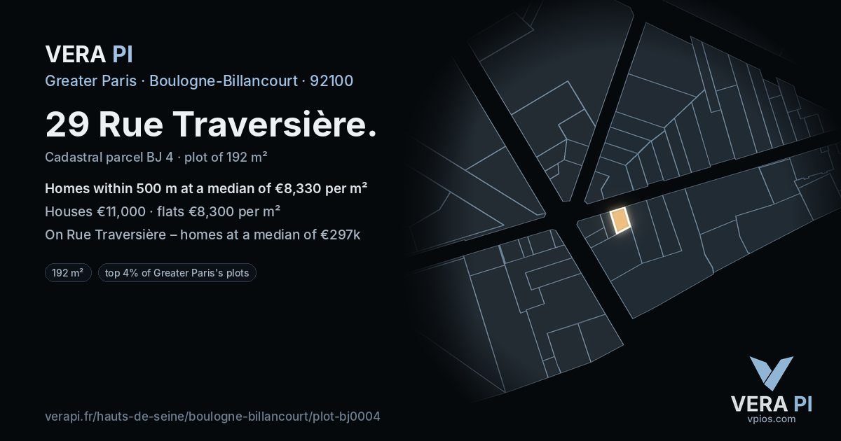 29 Rue Traversière, Boulogne-Billancourt at night – the plot lit, the parcels around coloured by the prices near them