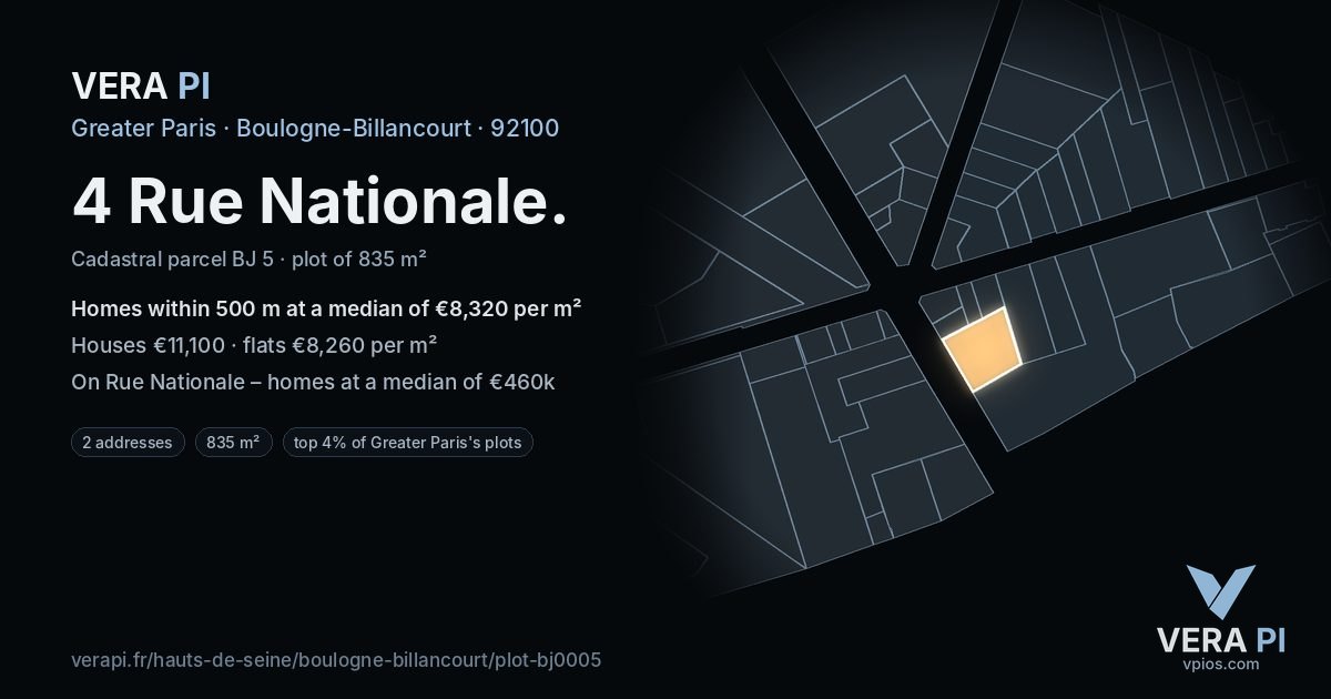 4 Rue Nationale, Boulogne-Billancourt at night – the plot lit, the parcels around coloured by the prices near them
