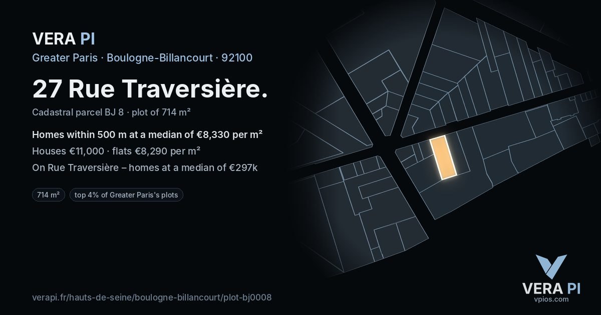 27 Rue Traversière, Boulogne-Billancourt at night – the plot lit, the parcels around coloured by the prices near them