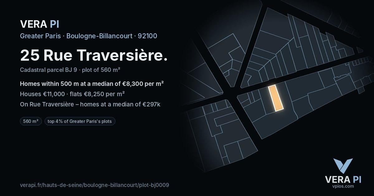 25 Rue Traversière, Boulogne-Billancourt at night – the plot lit, the parcels around coloured by the prices near them