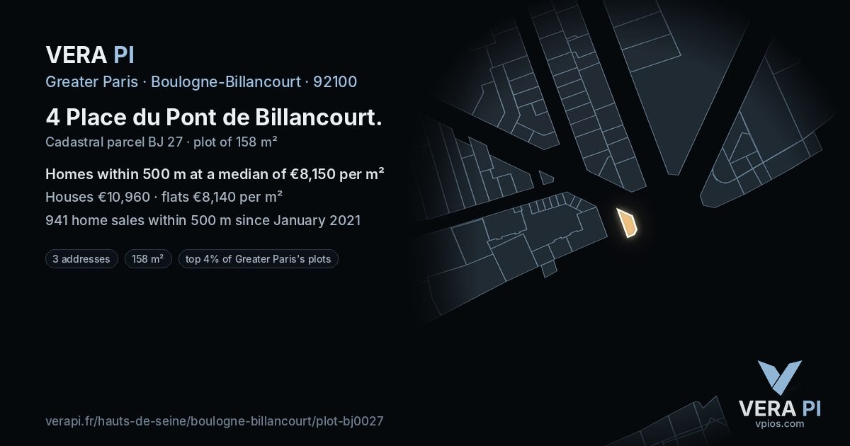 4 Place du Pont de Billancourt, Boulogne-Billancourt at night – the plot lit, the parcels around coloured by the prices near them