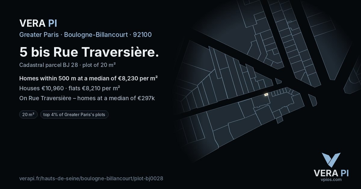 5 bis Rue Traversière, Boulogne-Billancourt at night – the plot lit, the parcels around coloured by the prices near them