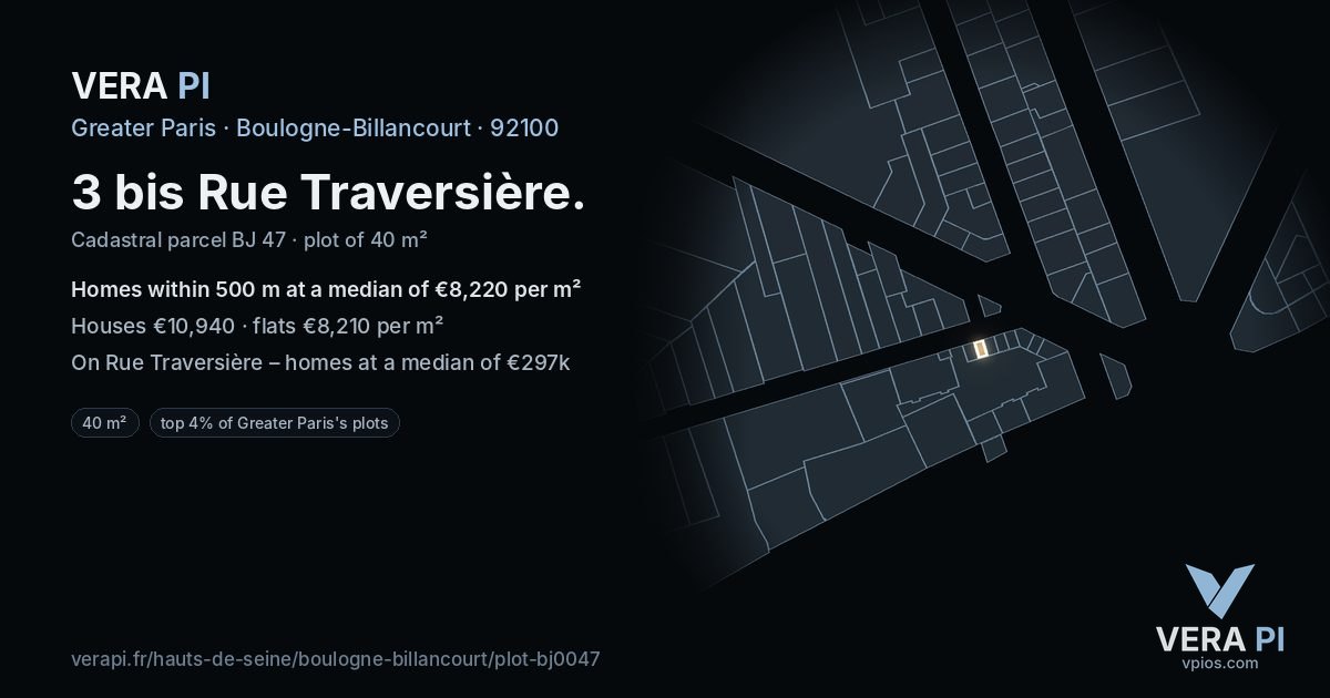 3 bis Rue Traversière, Boulogne-Billancourt at night – the plot lit, the parcels around coloured by the prices near them