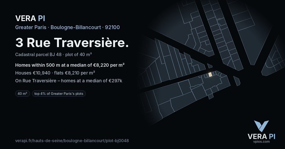 3 Rue Traversière, Boulogne-Billancourt at night – the plot lit, the parcels around coloured by the prices near them