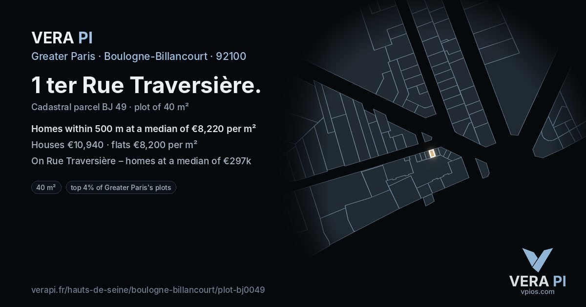1 ter Rue Traversière, Boulogne-Billancourt at night – the plot lit, the parcels around coloured by the prices near them