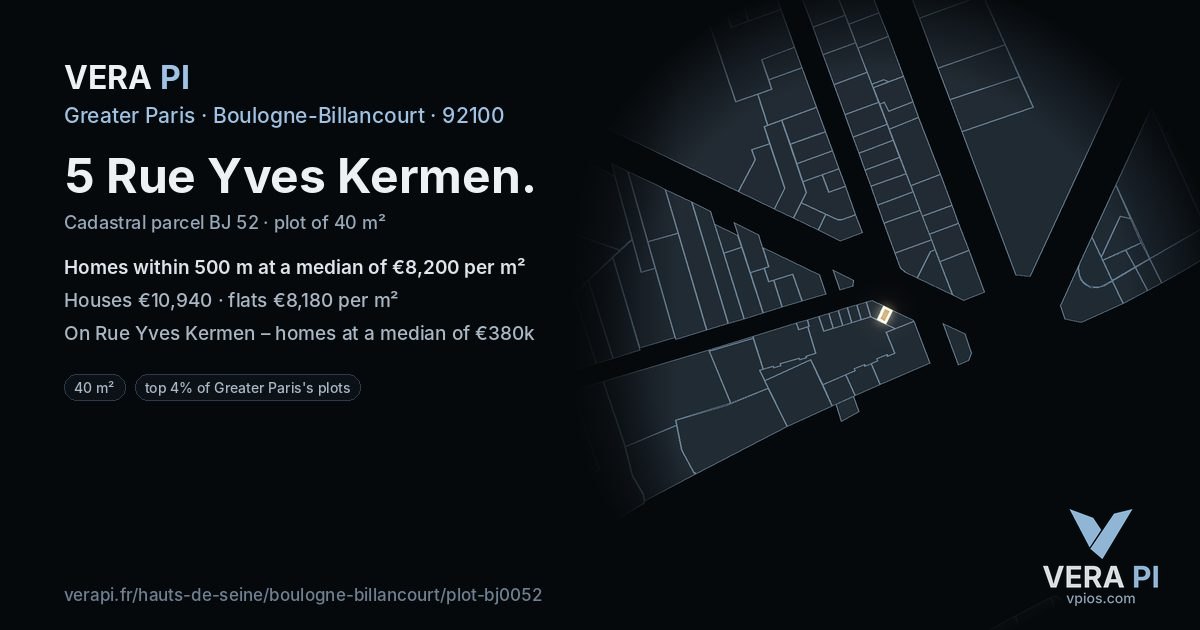 5 Rue Yves Kermen, Boulogne-Billancourt at night – the plot lit, the parcels around coloured by the prices near them