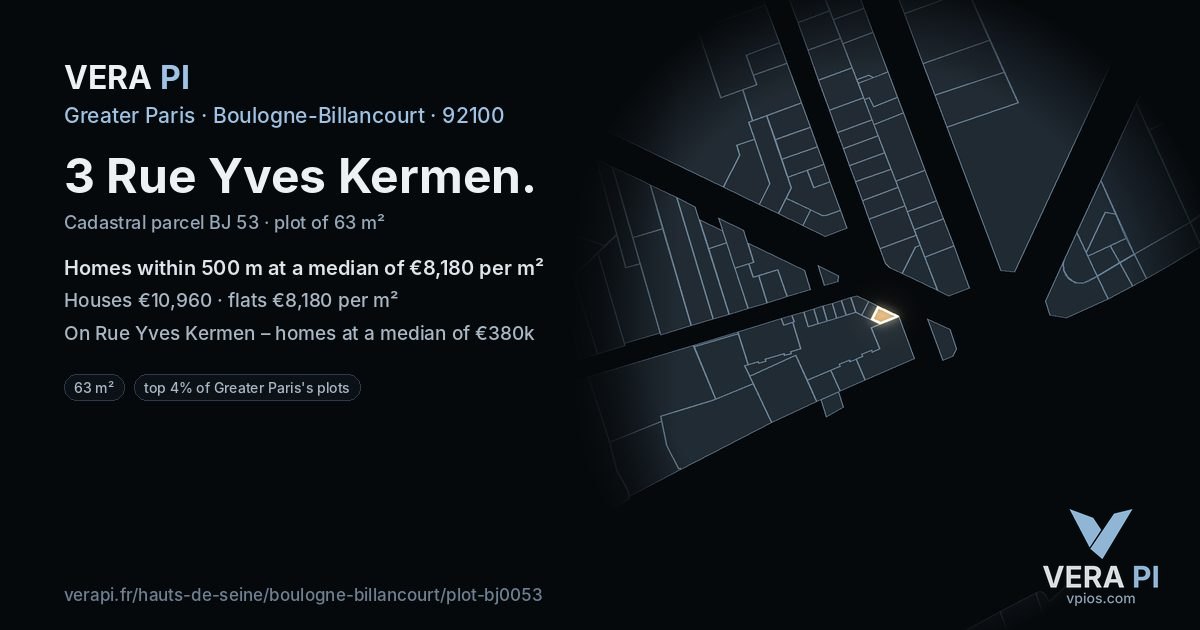 3 Rue Yves Kermen, Boulogne-Billancourt at night – the plot lit, the parcels around coloured by the prices near them