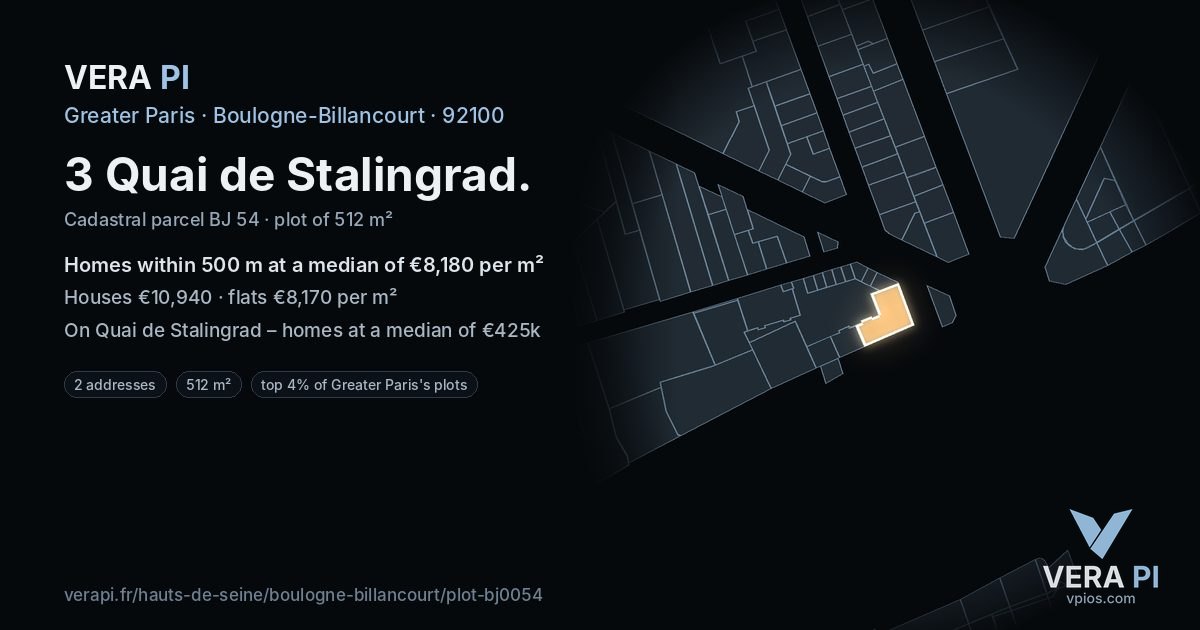 3 Quai de Stalingrad, Boulogne-Billancourt at night – the plot lit, the parcels around coloured by the prices near them