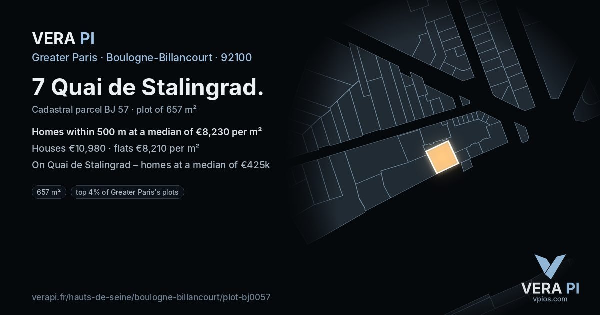 7 Quai de Stalingrad, Boulogne-Billancourt at night – the plot lit, the parcels around coloured by the prices near them