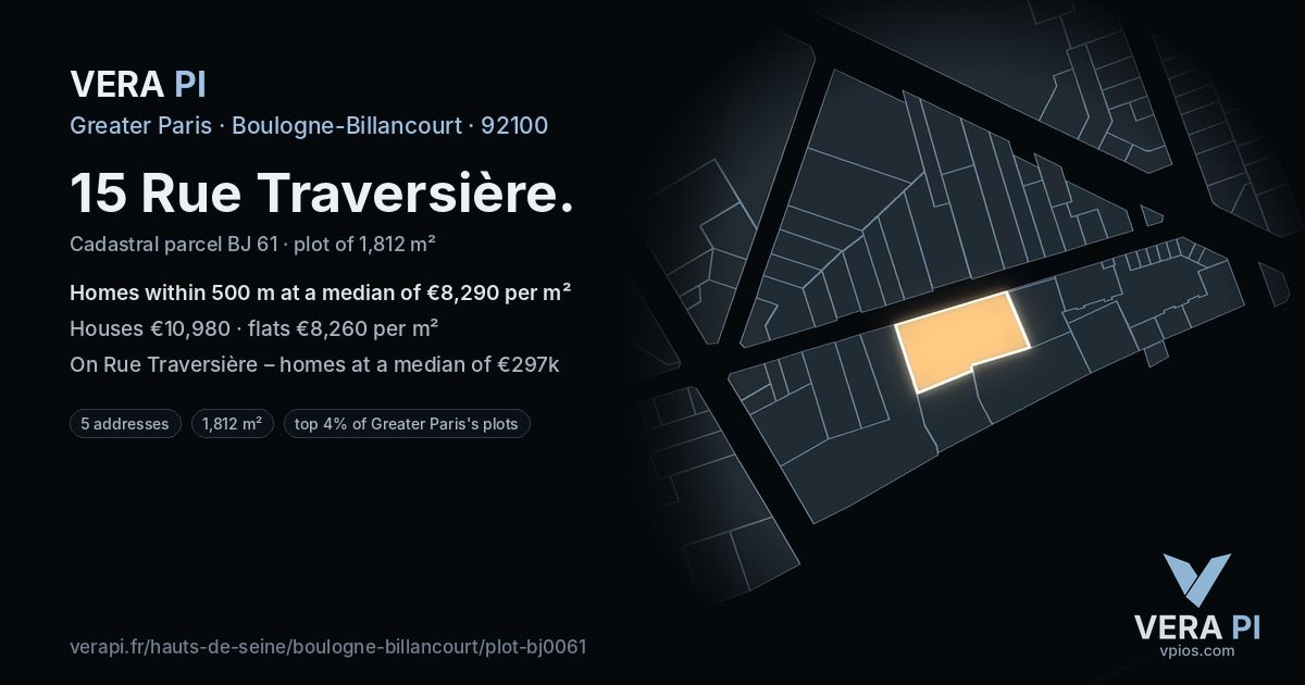15 Rue Traversière, Boulogne-Billancourt at night – the plot lit, the parcels around coloured by the prices near them