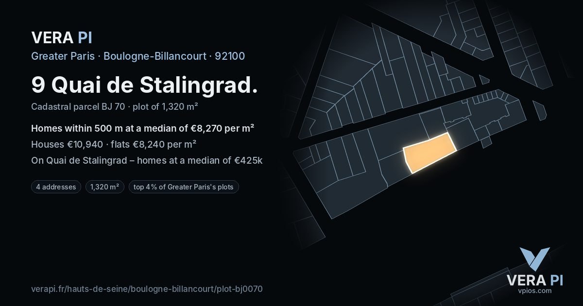 9 Quai de Stalingrad, Boulogne-Billancourt at night – the plot lit, the parcels around coloured by the prices near them