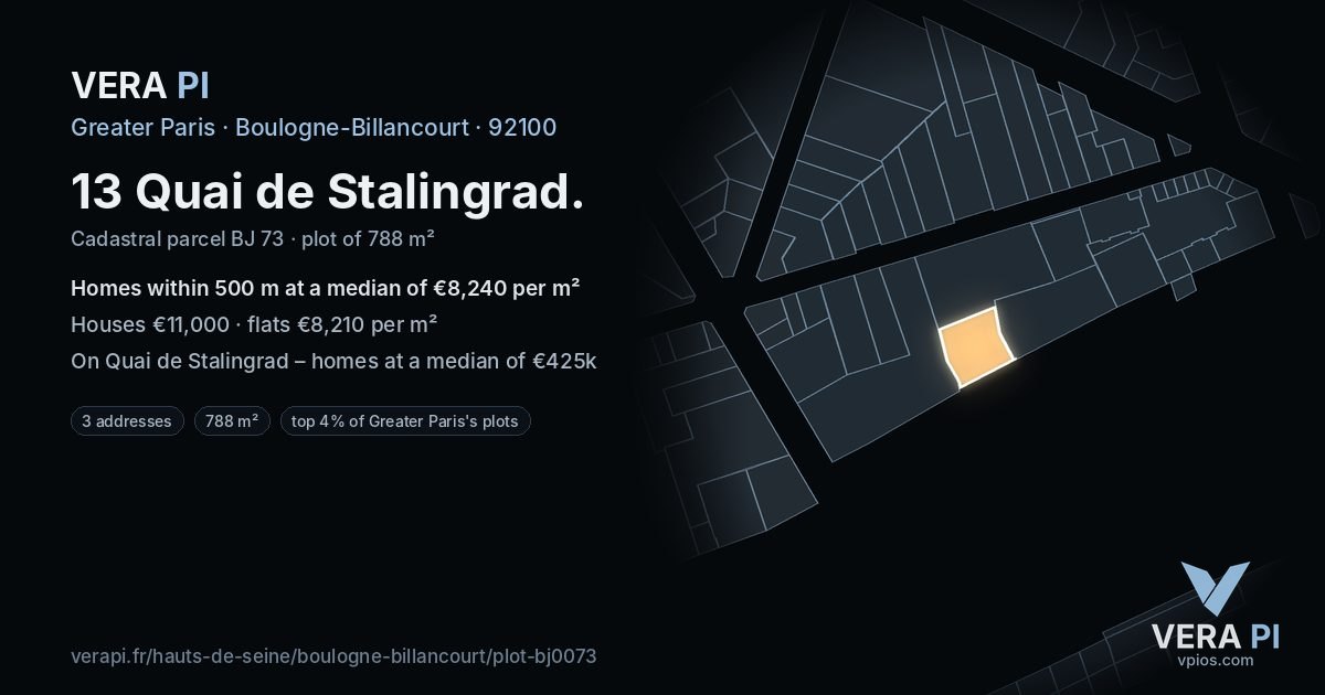13 Quai de Stalingrad, Boulogne-Billancourt at night – the plot lit, the parcels around coloured by the prices near them