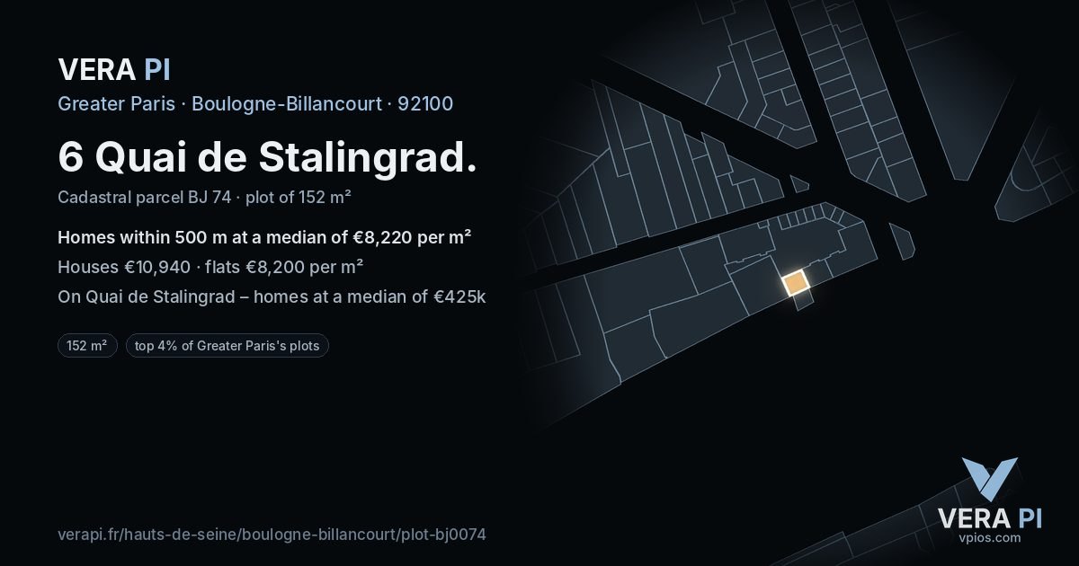 6 Quai de Stalingrad, Boulogne-Billancourt at night – the plot lit, the parcels around coloured by the prices near them