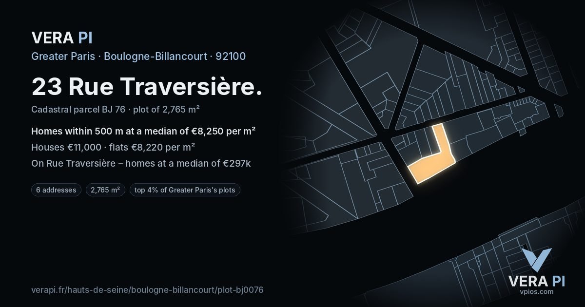 23 Rue Traversière, Boulogne-Billancourt at night – the plot lit, the parcels around coloured by the prices near them