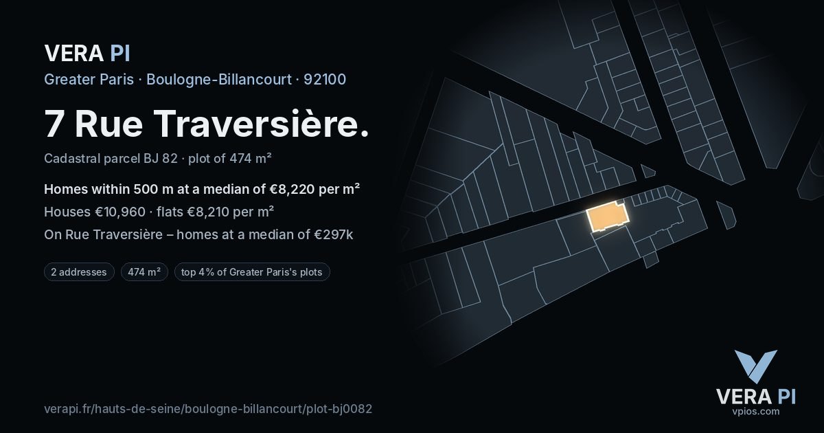 7 Rue Traversière, Boulogne-Billancourt at night – the plot lit, the parcels around coloured by the prices near them