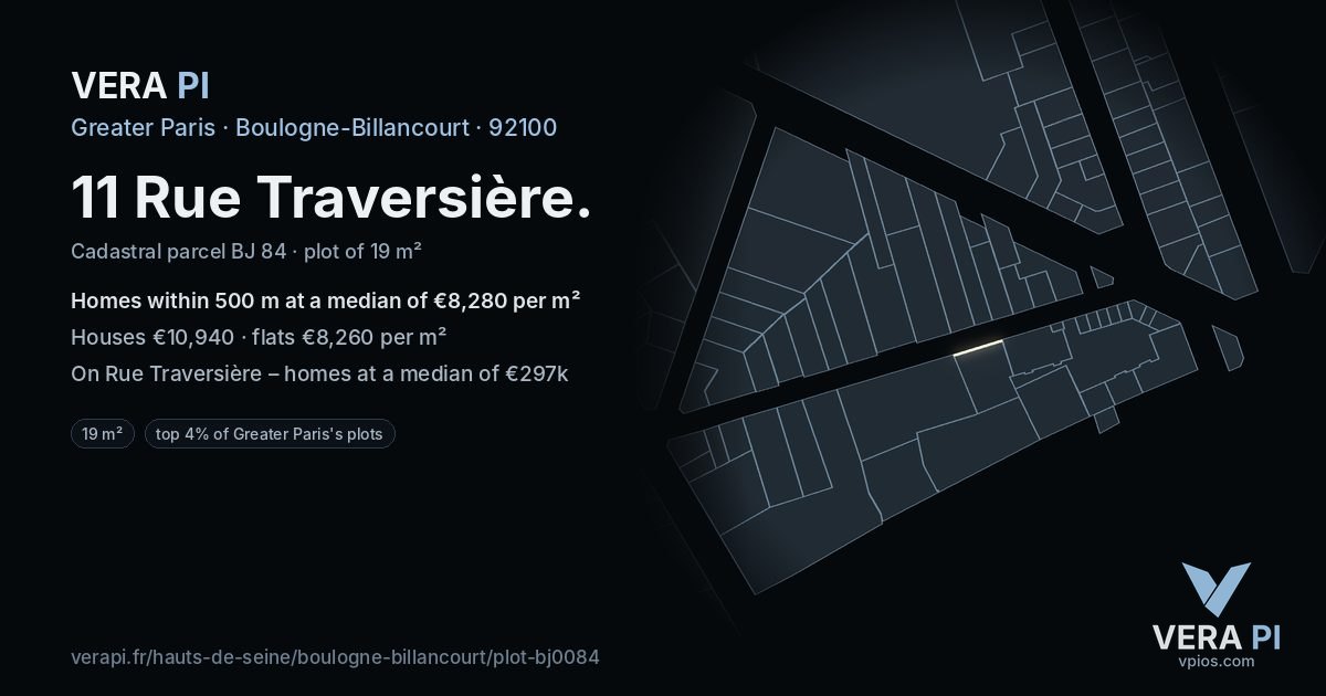11 Rue Traversière, Boulogne-Billancourt at night – the plot lit, the parcels around coloured by the prices near them