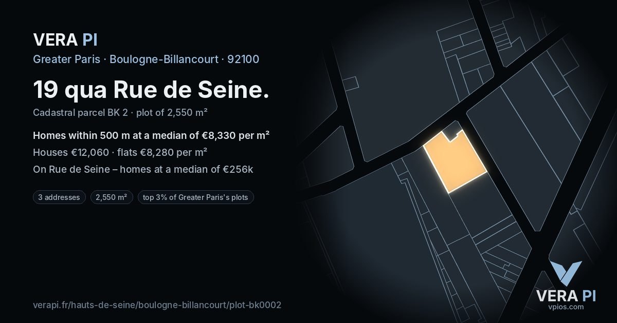 19 qua Rue de Seine, Boulogne-Billancourt at night – the plot lit, the parcels around coloured by the prices near them