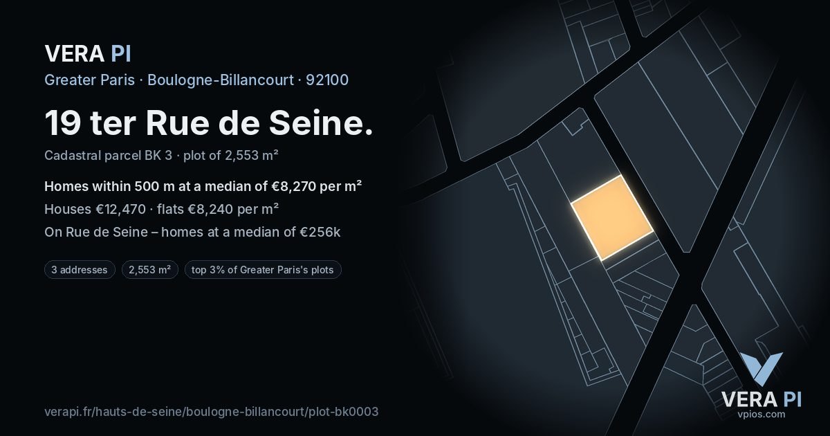 19 ter Rue de Seine, Boulogne-Billancourt at night – the plot lit, the parcels around coloured by the prices near them