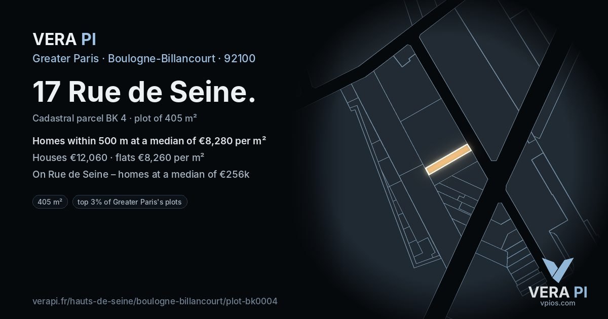 17 Rue de Seine, Boulogne-Billancourt at night – the plot lit, the parcels around coloured by the prices near them