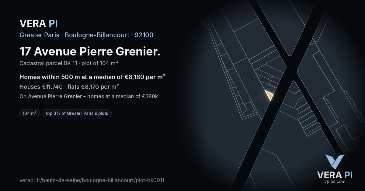 17 Avenue Pierre Grenier, Boulogne-Billancourt at night – the plot lit, the parcels around coloured by the prices near them
