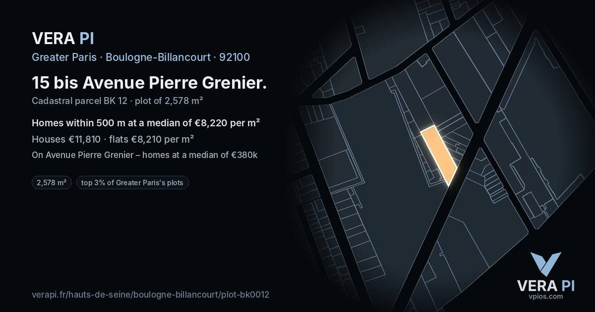 15 bis Avenue Pierre Grenier, Boulogne-Billancourt at night – the plot lit, the parcels around coloured by the prices near them