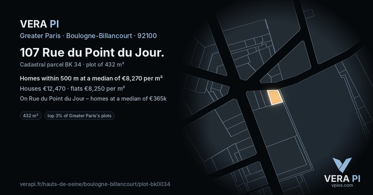 107 Rue du Point du Jour, Boulogne-Billancourt at night – the plot lit, the parcels around coloured by the prices near them