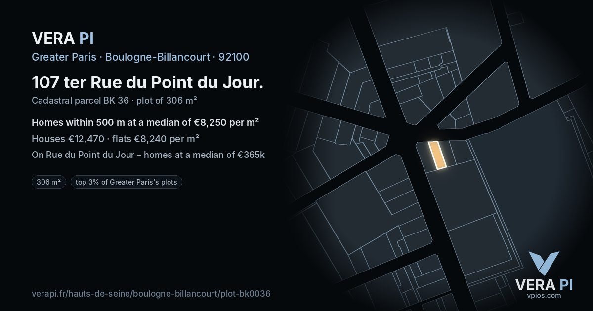107 ter Rue du Point du Jour, Boulogne-Billancourt at night – the plot lit, the parcels around coloured by the prices near them