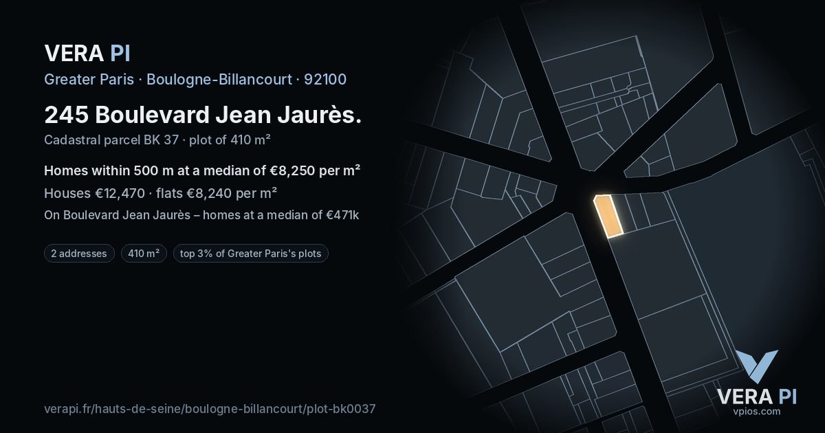 245 Boulevard Jean Jaurès, Boulogne-Billancourt at night – the plot lit, the parcels around coloured by the prices near them