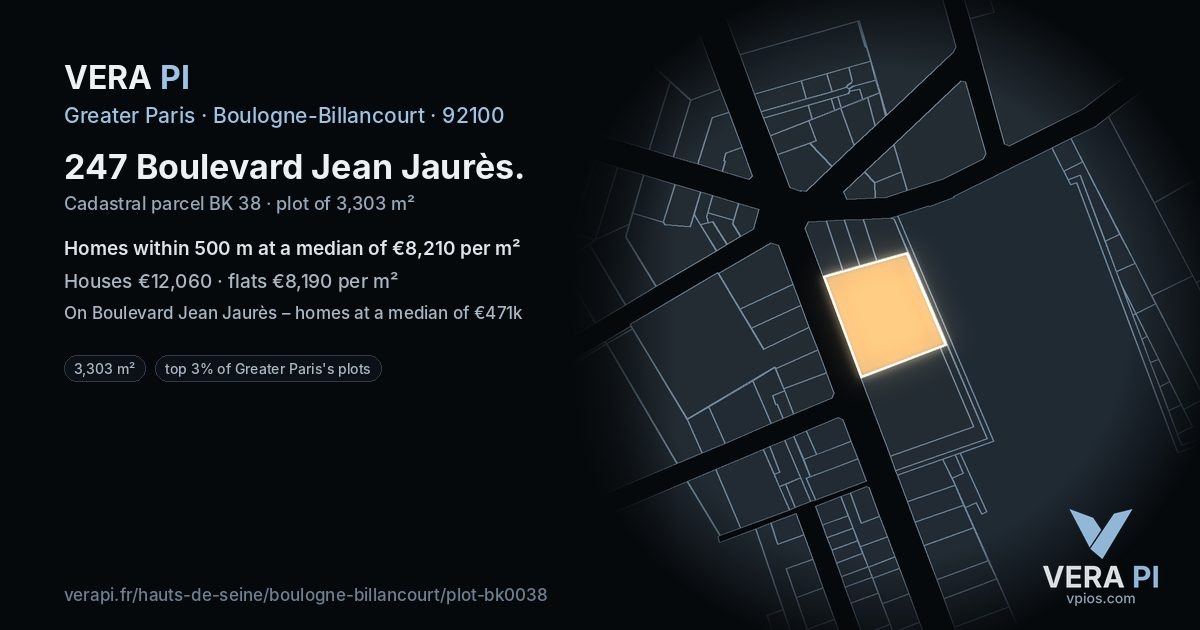 247 Boulevard Jean Jaurès, Boulogne-Billancourt at night – the plot lit, the parcels around coloured by the prices near them