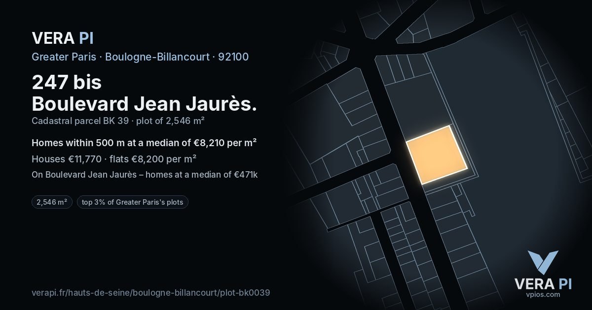 247 bis Boulevard Jean Jaurès, Boulogne-Billancourt at night – the plot lit, the parcels around coloured by the prices near them