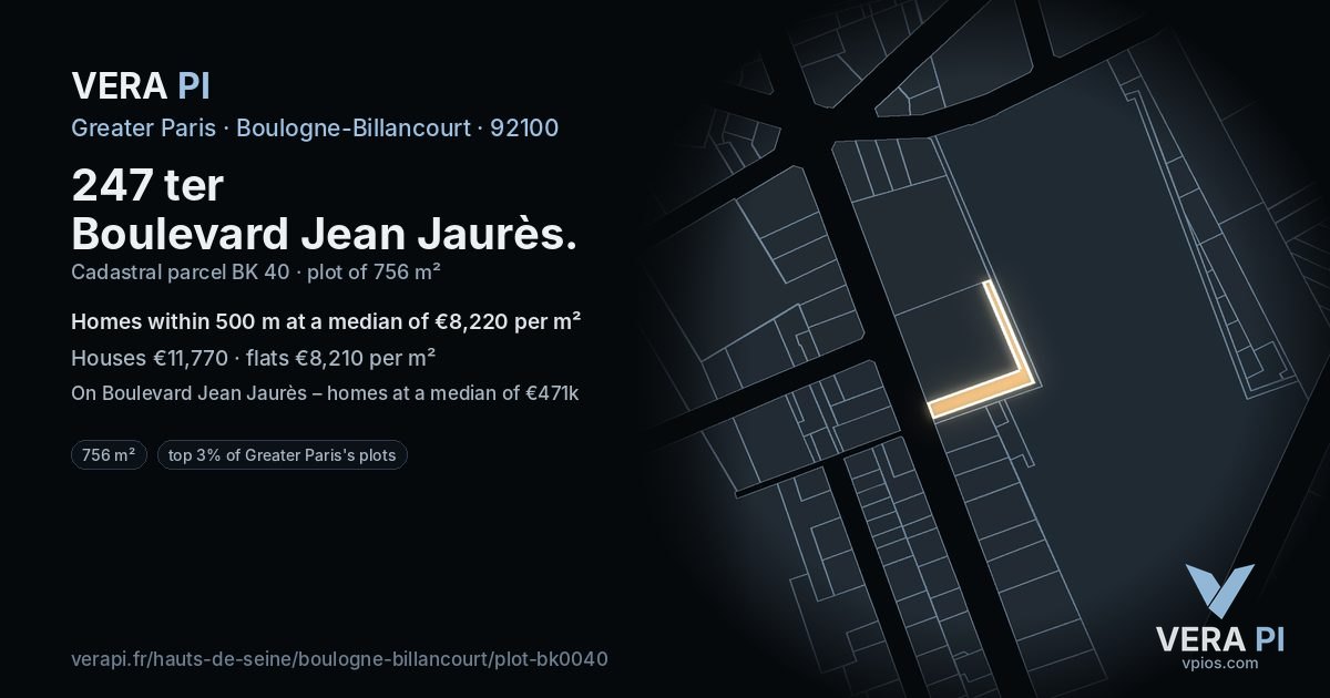 247 ter Boulevard Jean Jaurès, Boulogne-Billancourt at night – the plot lit, the parcels around coloured by the prices near them