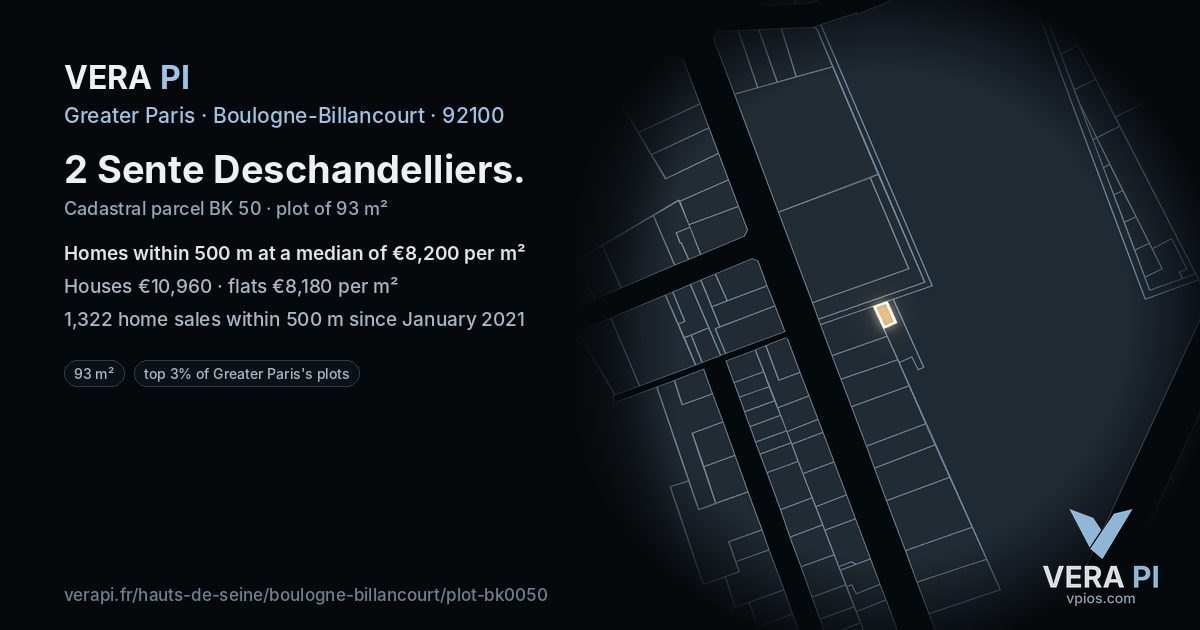 2 Sente Deschandelliers, Boulogne-Billancourt at night – the plot lit, the parcels around coloured by the prices near them