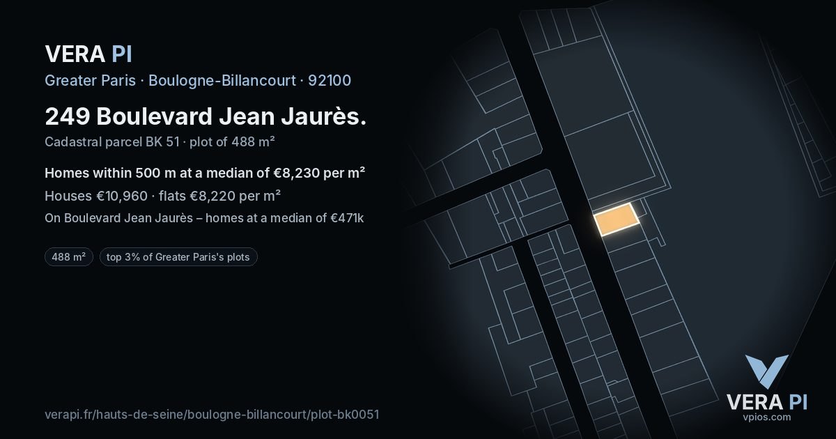 249 Boulevard Jean Jaurès, Boulogne-Billancourt at night – the plot lit, the parcels around coloured by the prices near them