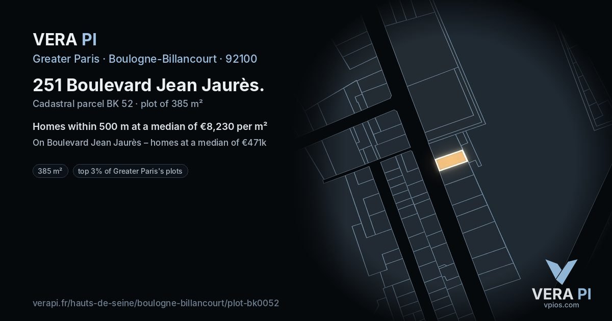 251 Boulevard Jean Jaurès, Boulogne-Billancourt at night – the plot lit, the parcels around coloured by the prices near them