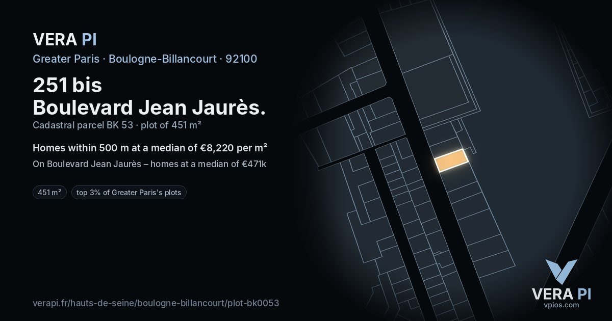 251 bis Boulevard Jean Jaurès, Boulogne-Billancourt at night – the plot lit, the parcels around coloured by the prices near them