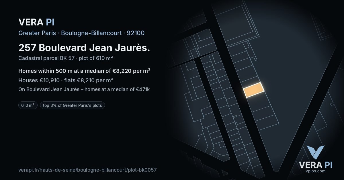 257 Boulevard Jean Jaurès, Boulogne-Billancourt at night – the plot lit, the parcels around coloured by the prices near them