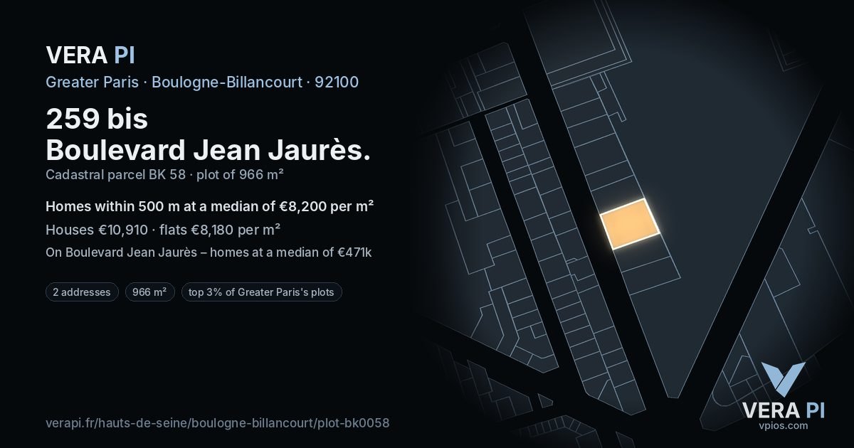 259 bis Boulevard Jean Jaurès, Boulogne-Billancourt at night – the plot lit, the parcels around coloured by the prices near them