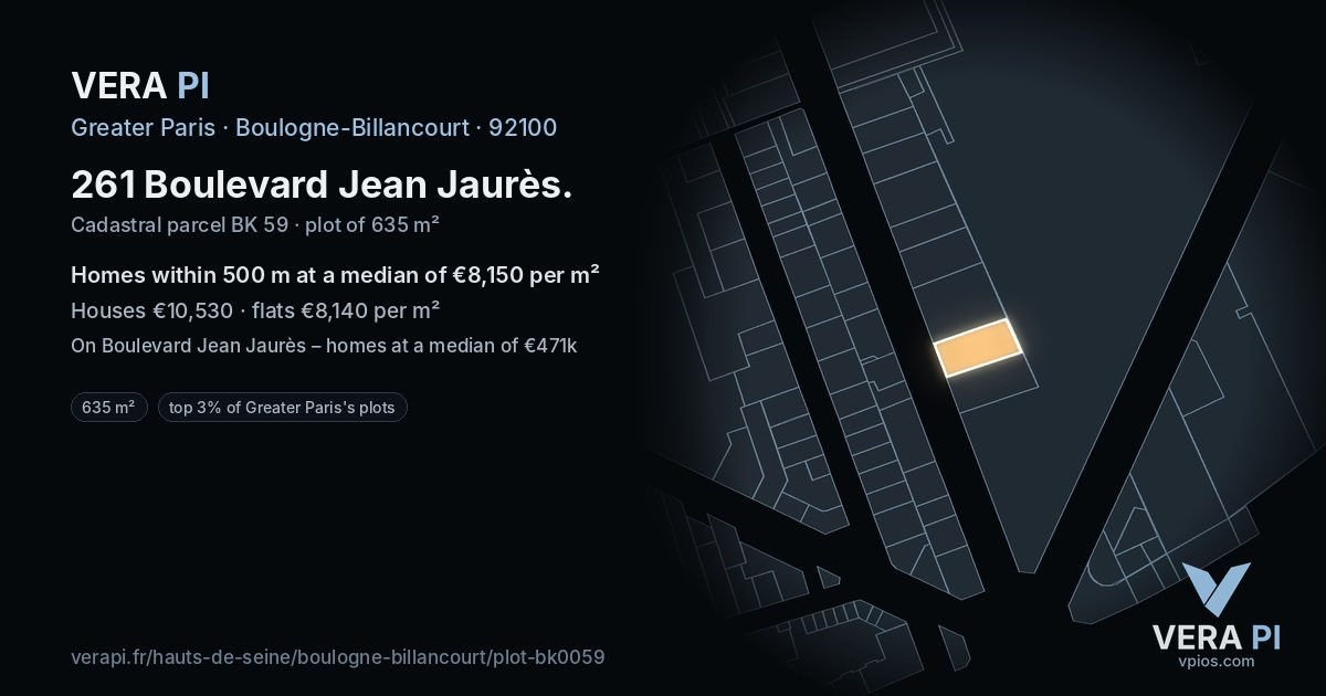 261 Boulevard Jean Jaurès, Boulogne-Billancourt at night – the plot lit, the parcels around coloured by the prices near them