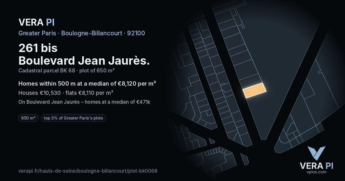 261 bis Boulevard Jean Jaurès, Boulogne-Billancourt at night – the plot lit, the parcels around coloured by the prices near them