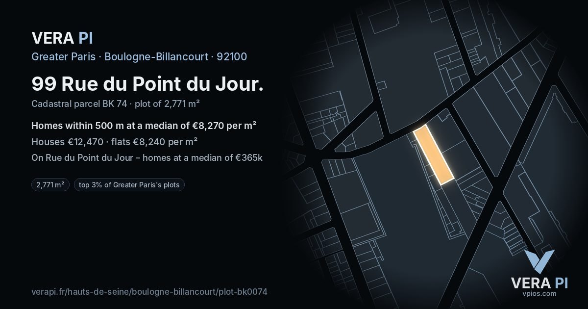 99 Rue du Point du Jour, Boulogne-Billancourt at night – the plot lit, the parcels around coloured by the prices near them