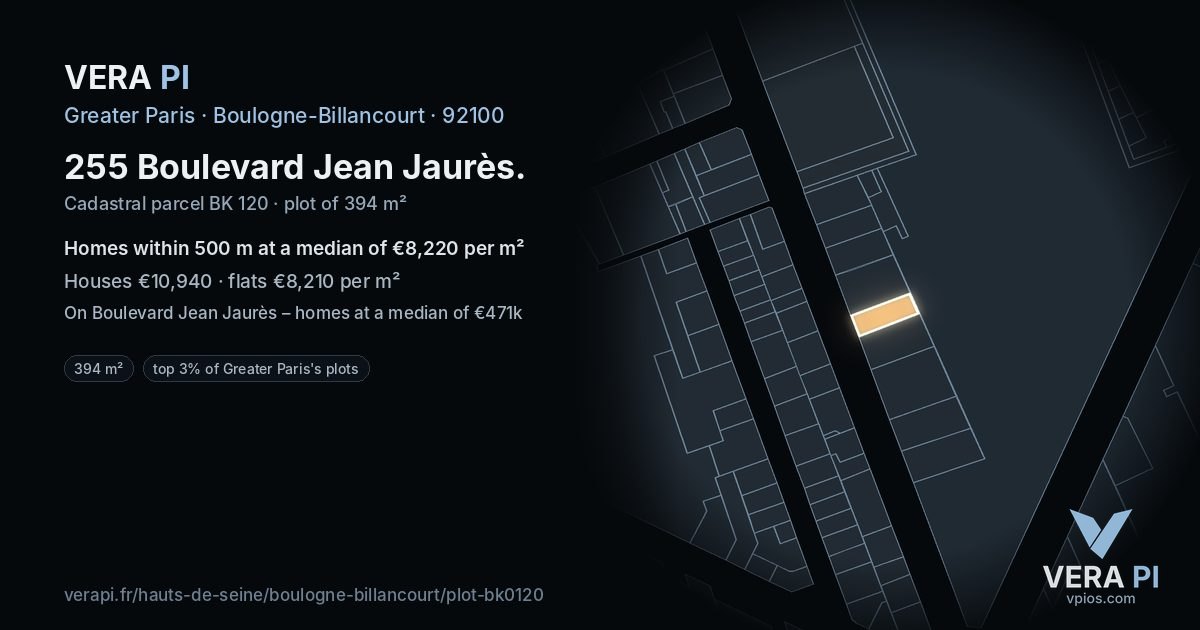 255 Boulevard Jean Jaurès, Boulogne-Billancourt at night – the plot lit, the parcels around coloured by the prices near them