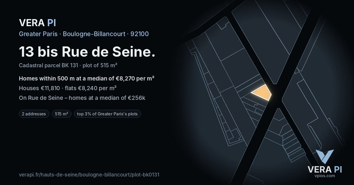 13 bis Rue de Seine, Boulogne-Billancourt at night – the plot lit, the parcels around coloured by the prices near them