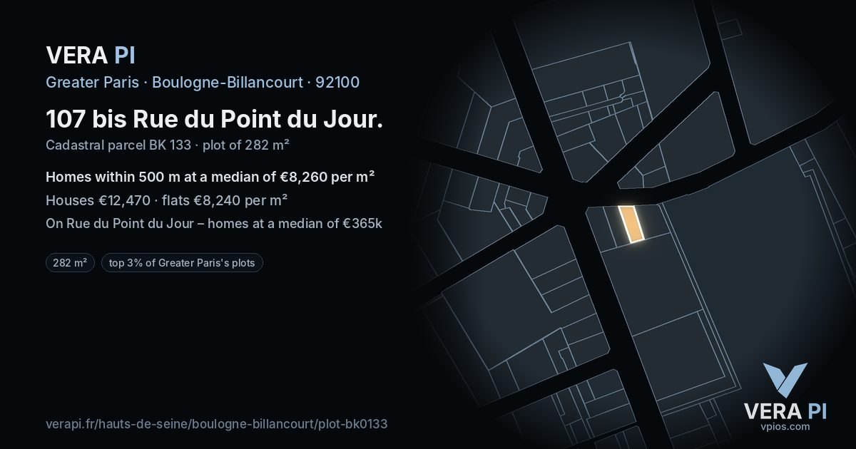 107 bis Rue du Point du Jour, Boulogne-Billancourt at night – the plot lit, the parcels around coloured by the prices near them