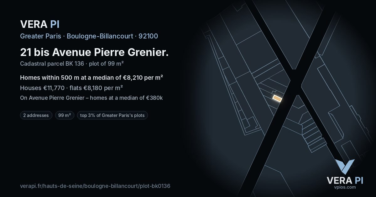 21 bis Avenue Pierre Grenier, Boulogne-Billancourt at night – the plot lit, the parcels around coloured by the prices near them